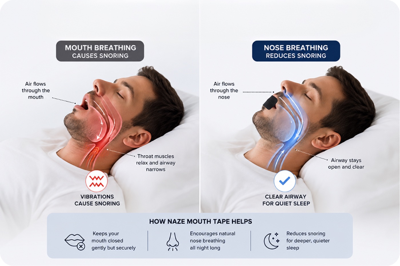 Mouth breathing narrows the airway and causes snoring. Nose breathing keeps the airway open for quiet sleep.