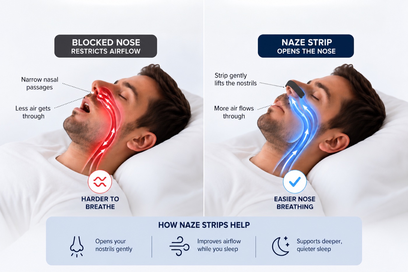 A blocked nose restricts airflow. A Naze Strip gently lifts the nostrils so more air flows through.